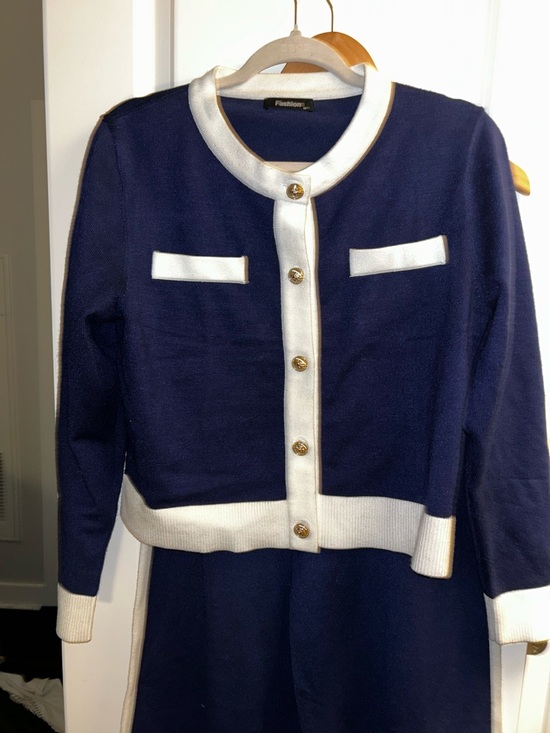 Pants - Classic Navy Knit Jacket with White Trim and Matching Pants